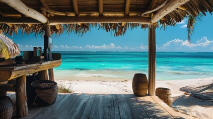 Obraz premium open-air office on a private beach, with a thatched roof desk and uninterrupted views of the turquoise ocean