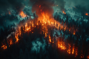 Forest fire at night. Natural disaster, flames destroy the forest. Fiery glow over the fire. 3d image