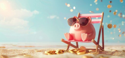 Pink piggybank in a sunglasses on a deck chair with gold coins falling around on a sandy beach