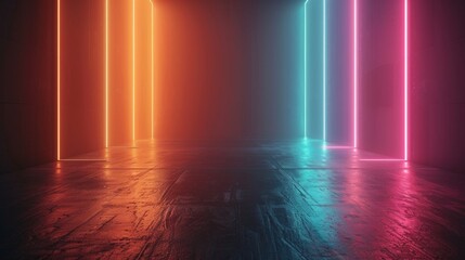 Grunge interior background with empty room illuminated by glowing vertical neon lights