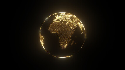 3D illustration of glowing golden globe of the Earth planet from particulars