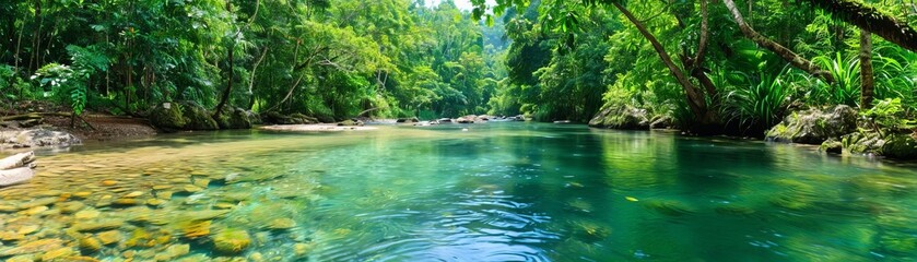 Serene forest river with crystal-clear water, dappled sunlight, tranquil nature