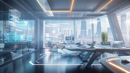 sleek, futuristic office with holographic displays and interactive surfaces, set against a backdrop of a bustling tech city