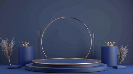 Royal blue podium product background 3d regal display platform majestic minimal. Product stand royal blue background podium 3d crown stage scene scepter beauty mockup 