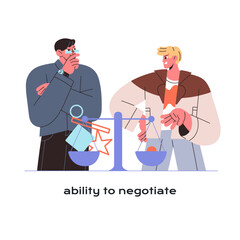 Ability to negotiate concept. Soft skills in teamwork. Communication, arguing. Employees discuss, solve conflict, problems. Office workers make arguments. Flat isolated vector illustration on white