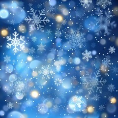 Winter background with snowflakes and bokeh lights. Christmas card design. Winter magic, blue abstract background