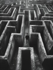 Lone businessman navigating a large concrete labyrinth