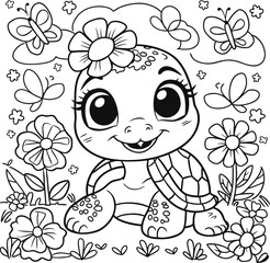 Cute turtle coloring pages for kids. Сute turtle in the sea among sea plants and air bubbles, Black lines sketch on a white background.