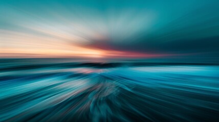 Abstract background wallpaper. Blurred image of the sky at sunset over waves in blue and teal colors, capturing motion blur and light rays creating a dreamy effect
