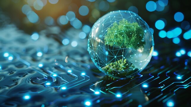 A futuristic digital representation of a green ecosystem encapsulated in a transparent sphere, interconnected by a network of lights and circuits, symbolizing the harmony between technology and natur