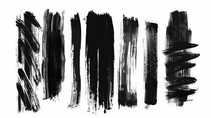 The image consists of various black paint brush strokes on a white background, showcasing different textures and patterns, ideal for artistic or abstract representation.