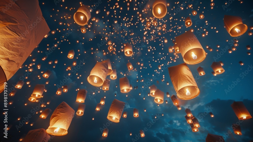 Aufkleber An enchanting display of countless paper lanterns floating gracefully in the night sky, creating a magical ambiance and a captivating visual spectacle against a twilight backdrop.