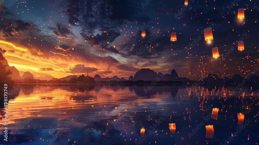 Aufkleber The sky adorned with an array of floating lanterns during the twilight hours, creating a mesmerizing and serene atmosphere with warm, glowing light against a tranquil backdrop.