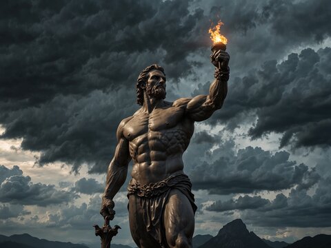 Statue of Prometheus, holding a torch, with towering peaks and storm clouds in the background.