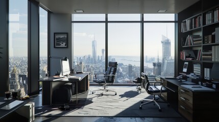 home office in a modernist tower, with simple, clean lines, a monochrome color scheme, and expansive views of the city