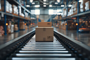 Cardboard boxes on a conveyor belt in a modern distribution warehouse preparing to ship to customers. Cargo freight transportation industry. 
