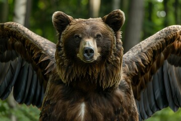 Obraz premium A mesmerizing image of a bear with extensive and beautifully feathered wings, standing in a dense woodland environment, evoking a sense of power and fantasy.