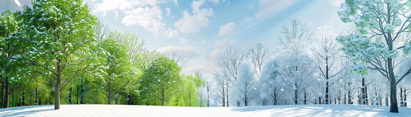 Forest through changing seasons, lush green to snowy white, seasonal transition