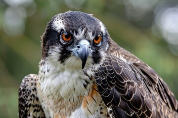 Naklejka premium A striking close-up shot of an osprey, highlighting the bird's piercing orange eyes, sharp beak, and textured feathers, emblematic of its predatory prowess and beauty in nature.