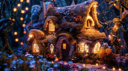 Fototapeta premium A whimsical, fairy tale-like cottage nestled in a forest, adorned with warm, glowing lights and surrounded by lush foliage and enchanting flora, creating a magical atmosphere.
