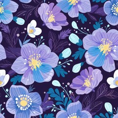 Simple Japanese style background wallpaper floral pattern Seamless pattern blue flowers on a isolated background, flat vector illustration