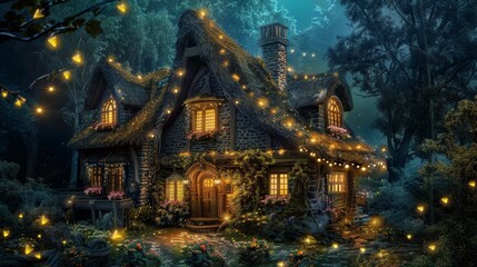 Fototapeta premium A rustic, charming forest cottage amidst nature, adorned with beautiful glowing lanterns and surrounded by lush plants and flowers, evoking a cozy, fairy-tale ambiance.