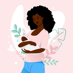 African american woman is holding a baby with tenderness on floral background