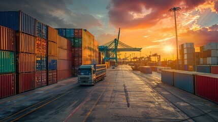 Container truck in the port for logistics business and transportation of cargo container ship and cargo plane with crane bridge working in shipyard at sunrise Import, export and transport