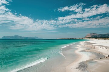 Fototapeta premium Turquoise Ocean Water Meets White Sandy Beach Under a Blue Sky