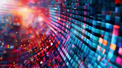 Obraz premium Colorful abstract background forming a curved surface with square tiles and a blurry red background with bright spots