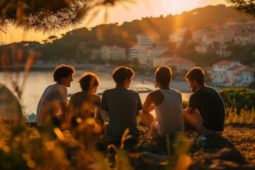 group of sitted adult Boys, in front of Nice park city in background, summer day, friendship , international friendship days