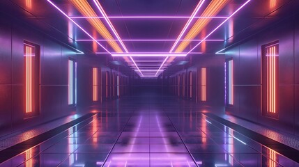 Fototapeta premium A long, dark hallway with neon lights on the walls. Abstract background