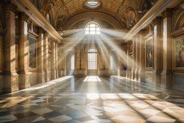 Obraz premium Sunbeams Illuminating a Grand Hallway in a Gilded Building