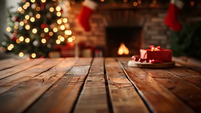 Empty table in front of christmas tree with decorations background, Tabletop for product display montage, space for advertising or text