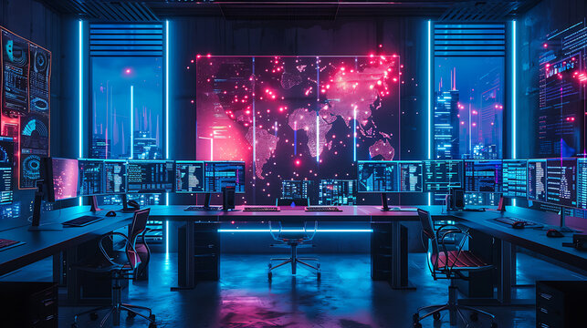 A computer room with neon lights and a large screen showing a map of the world