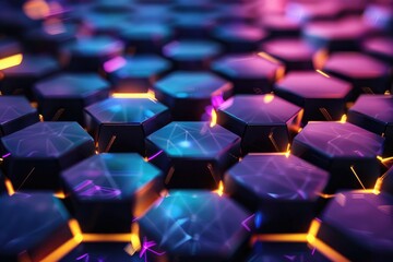 Obraz premium Hexagonal shapes in purple and pink background, Luminous hexagon background, AI generated