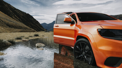side of a car ,automotive modern on before sunrise or after sunset ,3d render and illustrater. © DigitalPenTH