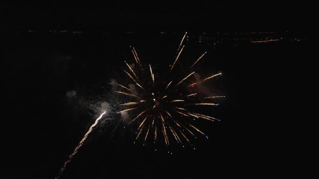 4K New year's eve fireworks Aerial drone night video of fireworks show