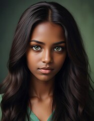 Naklejka premium Portrait of a young woman with long, flowing black hair and striking green eyes against a nature-blurred background
