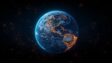 Obraz premium A detailed and vibrant representation of a planet, possibly Earth, with city lights illuminating its surface. The continents are distinctly visible, with the brightest lights concentrated in areas