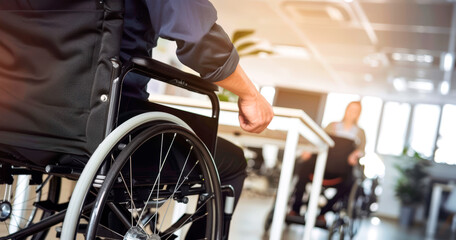 Obraz premium Businessman in Wheelchair Working in Modern Office, Side View