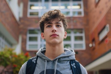 Young traveler at building entrance
