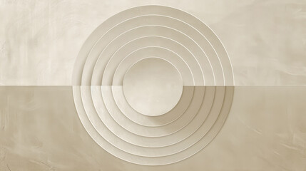 White wall with concentric circles background texture, simple and elegant style, light beige and gray tones, symmetrical composition, circular shapes