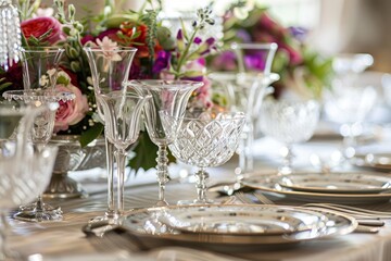 Fototapeta premium Crystal Wine Glasses and Silverware on a Table Setting