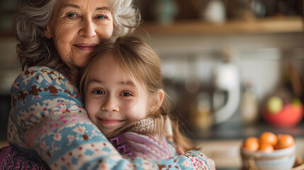 Fototapeta premium Evoking a sense of nostalgia and cherished memories.Grandmother with granddaughter in the kitchen