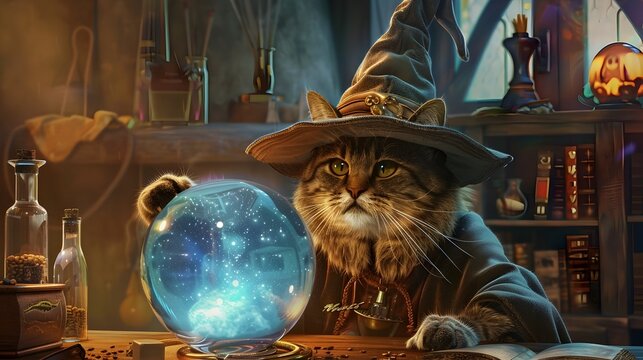 Mysterious Feline Sorcerer Peers into Glowing Crystal Ball in Occult Wizard s Workshop