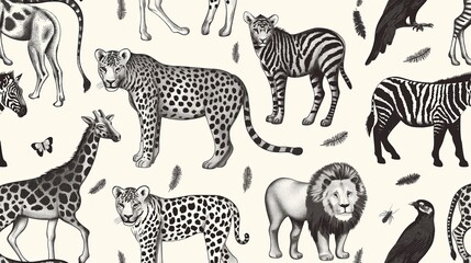 A black and white drawing of various animals including a zebra, giraffe. Abstract background