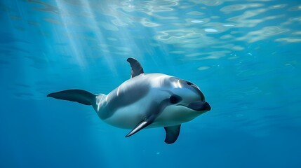 Obraz premium Endangered Vaquita Swimming in the Clear Blue Waters of the Gulf of California