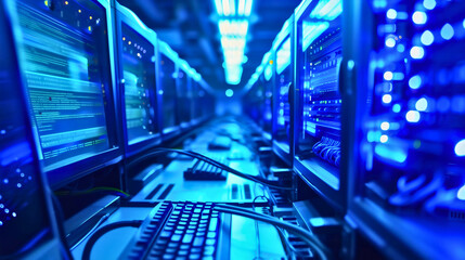 Fototapeta premium Digital data center illuminated with blue neon light with internet servers and computers, monitors displaying codes, information, network system technology, cybersecurity, and artificial intelligence