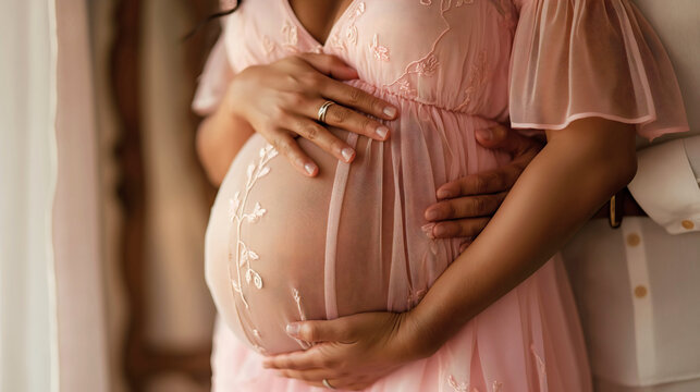 Husband hugging the belly of his pregnant wife, young married couple, happy romantic spouses expecting a baby, man and woman anticipating becoming parents, parenthood, motherhood fatherhood, pregnancy